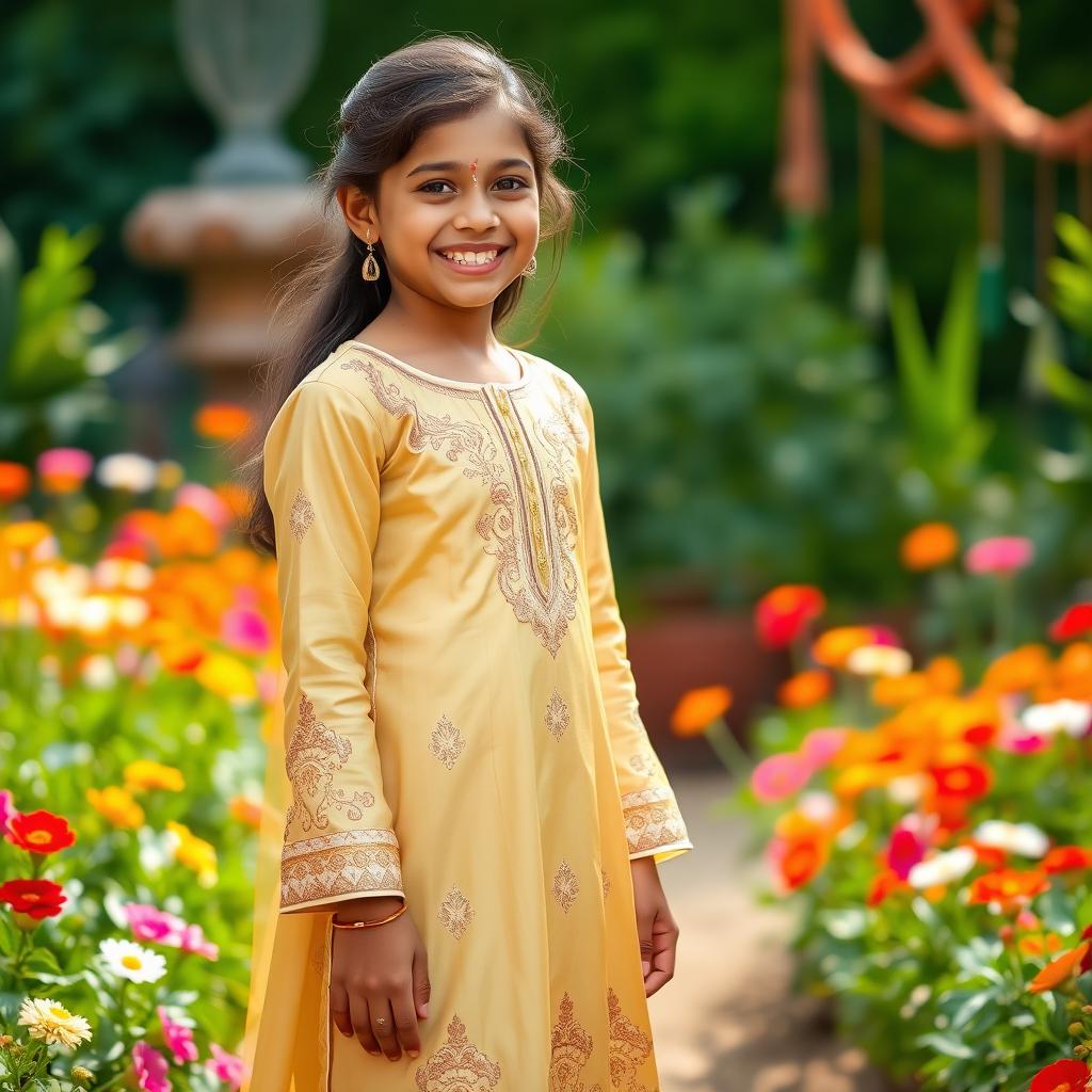 A beautiful Indian girl wearing an elegant golden shalwar kameez, featuring intricate embroidery and traditional designs