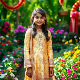 A beautiful Indian girl wearing an elegant golden shalwar kameez, featuring intricate embroidery and traditional designs