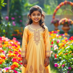 A beautiful Indian girl wearing an elegant golden shalwar kameez, featuring intricate embroidery and traditional designs