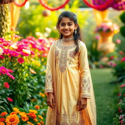 A beautiful Indian girl wearing an elegant golden shalwar kameez, featuring intricate embroidery and traditional designs