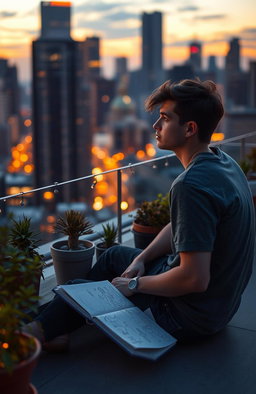 A reflective scene depicting a young adult, Ignas Akinis, sitting on a city rooftop at sunset, contemplating life during a quarter-life crisis