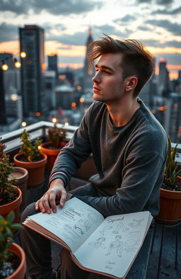 A reflective scene depicting a young adult, Ignas Akinis, sitting on a city rooftop at sunset, contemplating life during a quarter-life crisis