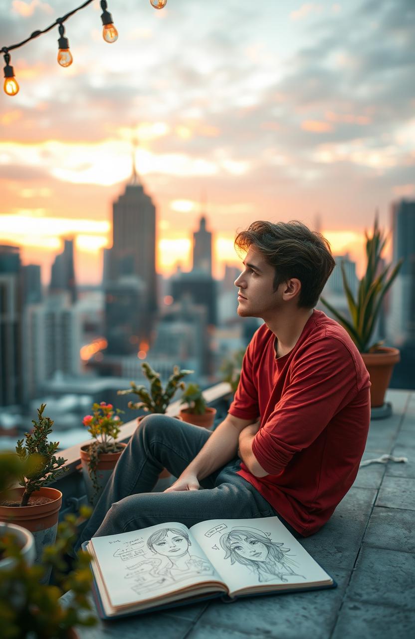 A reflective scene depicting a young adult, Ignas Akinis, sitting on a city rooftop at sunset, contemplating life during a quarter-life crisis