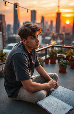 A reflective scene depicting a young adult, Ignas Akinis, sitting on a city rooftop at sunset, contemplating life during a quarter-life crisis