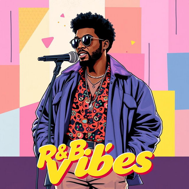 A vibrant and nostalgic 90's R&B cover art, featuring a stylish African American man in a fashionable oversized jacket and a colorful patterned shirt, standing confidently with a microphone in hand