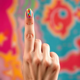 A close-up shot of a hand with a bold gesture, prominently showing the 'middle finger' in a playful and cheeky manner