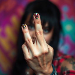 A close-up shot of a hand with a bold gesture, prominently showing the 'middle finger' in a playful and cheeky manner