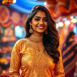 A young Indian woman with curvy features, wearing a beautiful golden shalwar kameez