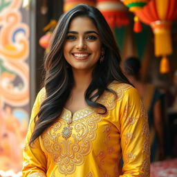 A young Indian woman with curvy features, wearing a beautiful golden shalwar kameez