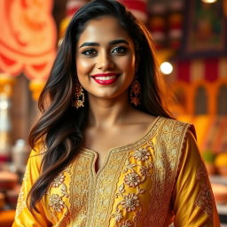 A young Indian woman with curvy features, wearing a beautiful golden shalwar kameez