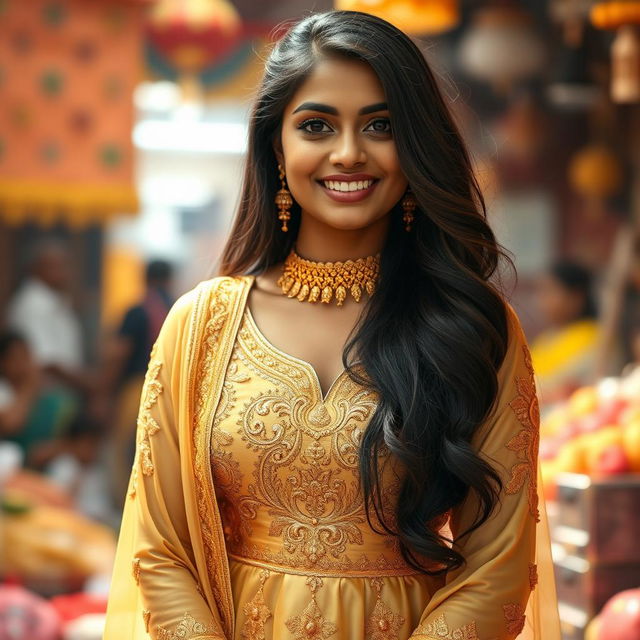 A young Indian woman with curvy features, wearing a beautiful golden shalwar kameez