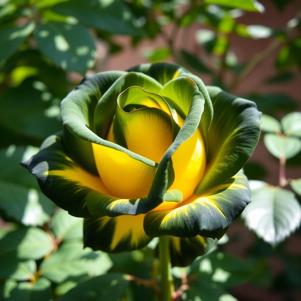 A beautiful dark green and yellow rose, showcasing vibrant hues