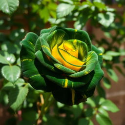 A beautiful dark green and yellow rose, showcasing vibrant hues
