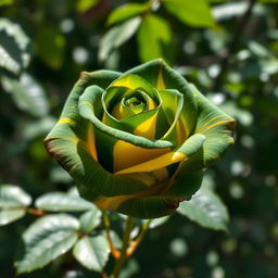 A beautiful dark green and yellow rose, showcasing vibrant hues