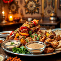 A beautifully arranged platter of skewered kebabs, showcasing a variety of colorful vegetables and tender pieces of marinated meat