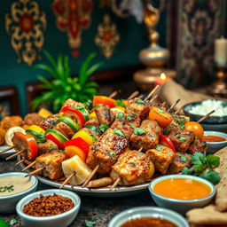 A beautifully arranged platter of skewered kebabs, showcasing a variety of colorful vegetables and tender pieces of marinated meat