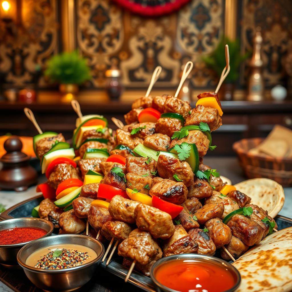 A beautifully arranged platter of skewered kebabs, showcasing a variety of colorful vegetables and tender pieces of marinated meat