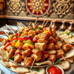 A beautifully arranged platter of skewered kebabs, showcasing a variety of colorful vegetables and tender pieces of marinated meat