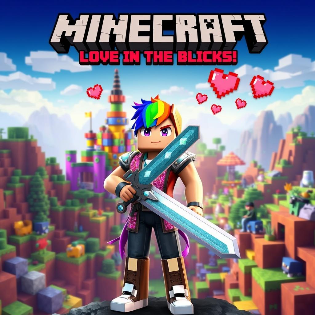 An epic movie poster featuring a gay server in Minecraft, showcasing vibrant blocky landscapes filled with colorful biomes
