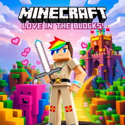 An epic movie poster featuring a gay server in Minecraft, showcasing vibrant blocky landscapes filled with colorful biomes