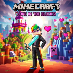 An epic movie poster featuring a gay server in Minecraft, showcasing vibrant blocky landscapes filled with colorful biomes