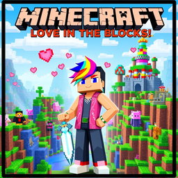 An epic movie poster featuring a gay server in Minecraft, showcasing vibrant blocky landscapes filled with colorful biomes