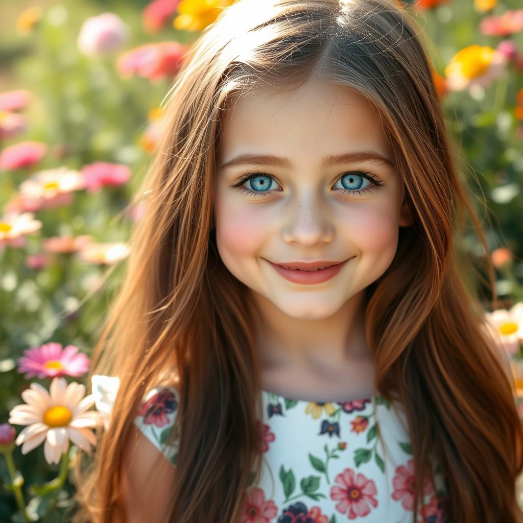 A portrait of a girl with light skin and striking blue eyes