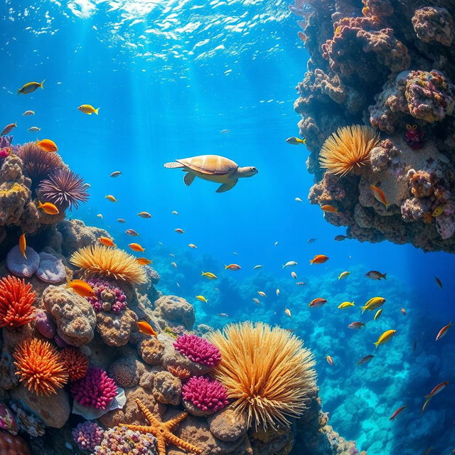 A breathtaking underwater scene featuring a vibrant coral reef teeming with life