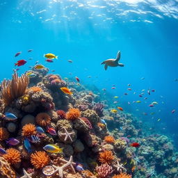 A breathtaking underwater scene featuring a vibrant coral reef teeming with life