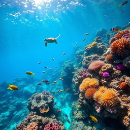 A breathtaking underwater scene featuring a vibrant coral reef teeming with life