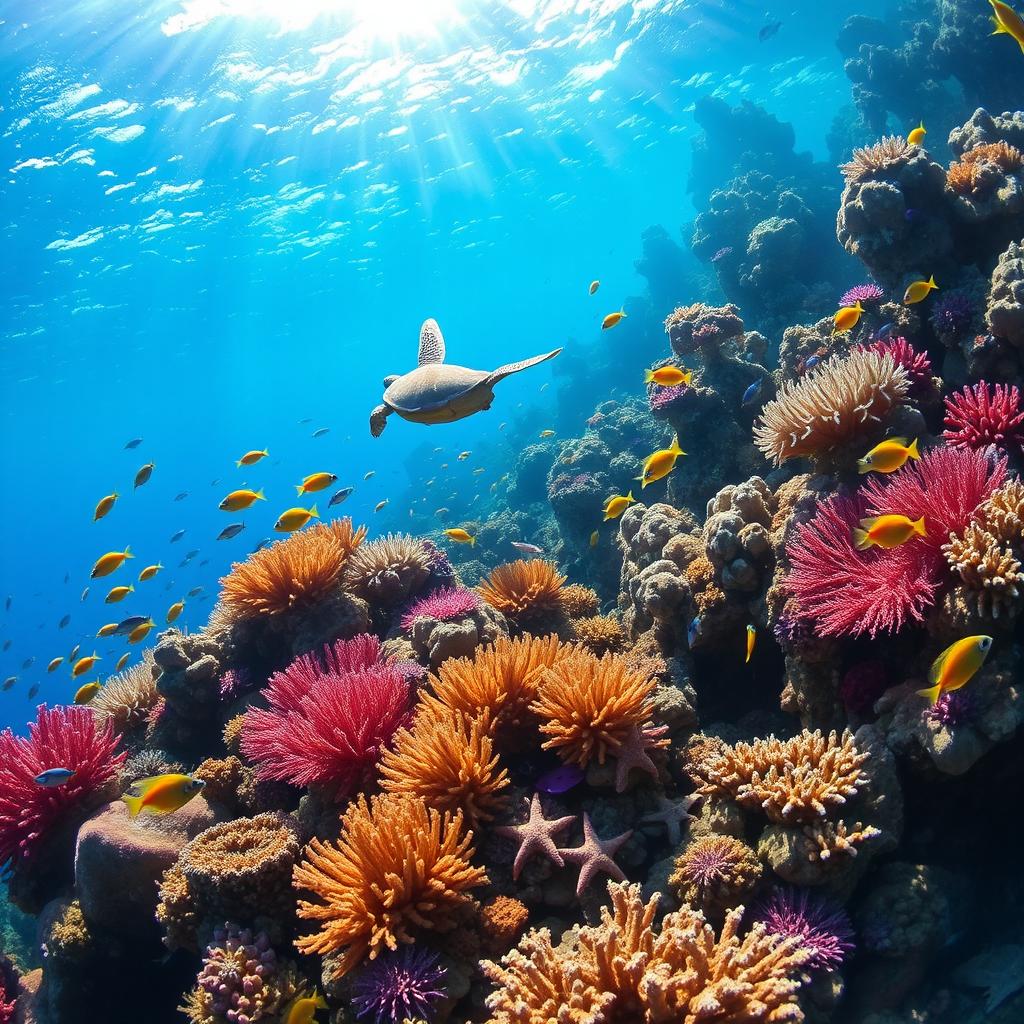 A breathtaking underwater scene featuring a vibrant coral reef teeming with life