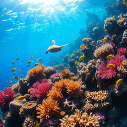 A breathtaking underwater scene featuring a vibrant coral reef teeming with life