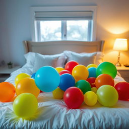 A colorful and vibrant bedroom scene containing a neatly made bed, with a variety of bright balloons scattered across the bedspread