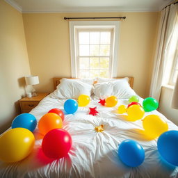 A colorful and vibrant bedroom scene containing a neatly made bed, with a variety of bright balloons scattered across the bedspread