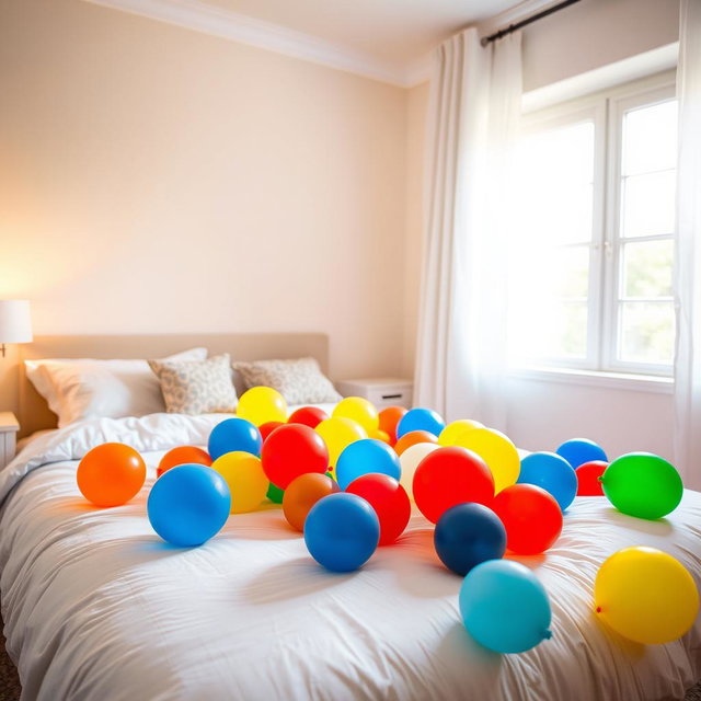 A colorful and vibrant bedroom scene containing a neatly made bed, with a variety of bright balloons scattered across the bedspread