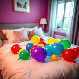 A colorful and vibrant bedroom scene containing a neatly made bed, with a variety of bright balloons scattered across the bedspread