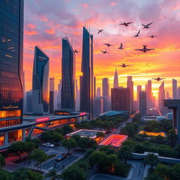 A majestic ZM skyline at sunset, showcasing futuristic skyscrapers with reflective glass windows, vibrant orange and purple hues in the sky, showcasing flying cars and neon lights starting to illuminate the streets below