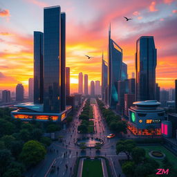 A majestic ZM skyline at sunset, showcasing futuristic skyscrapers with reflective glass windows, vibrant orange and purple hues in the sky, showcasing flying cars and neon lights starting to illuminate the streets below