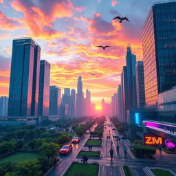 A majestic ZM skyline at sunset, showcasing futuristic skyscrapers with reflective glass windows, vibrant orange and purple hues in the sky, showcasing flying cars and neon lights starting to illuminate the streets below