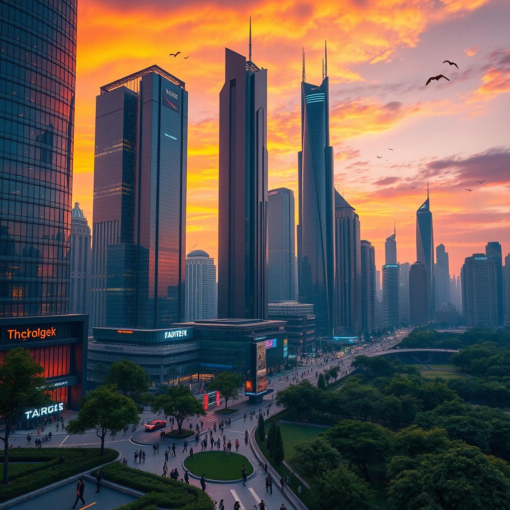 A majestic ZM skyline at sunset, showcasing futuristic skyscrapers with reflective glass windows, vibrant orange and purple hues in the sky, showcasing flying cars and neon lights starting to illuminate the streets below
