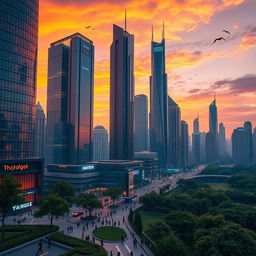 A majestic ZM skyline at sunset, showcasing futuristic skyscrapers with reflective glass windows, vibrant orange and purple hues in the sky, showcasing flying cars and neon lights starting to illuminate the streets below