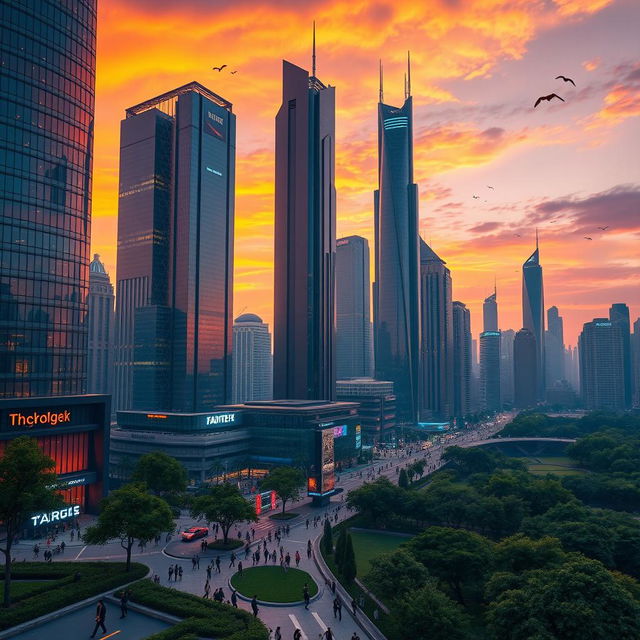 A majestic ZM skyline at sunset, showcasing futuristic skyscrapers with reflective glass windows, vibrant orange and purple hues in the sky, showcasing flying cars and neon lights starting to illuminate the streets below