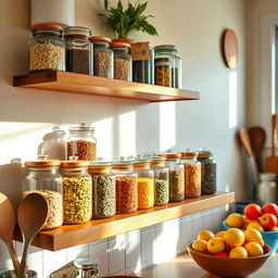 A colorful kitchen setting featuring a variety of jars on a wooden shelf