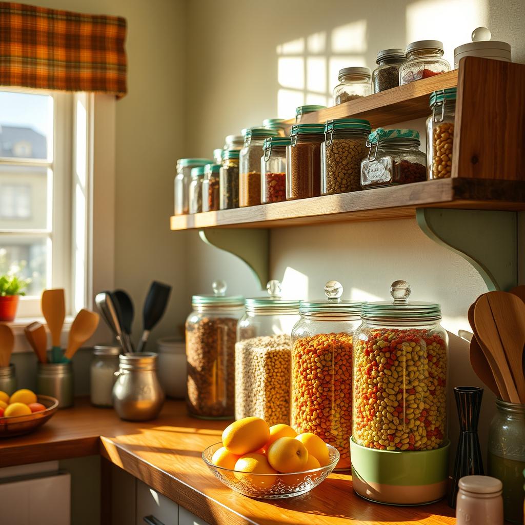 A colorful kitchen setting featuring a variety of jars on a wooden shelf