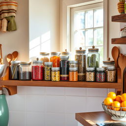 A colorful kitchen setting featuring a variety of jars on a wooden shelf