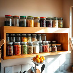A colorful kitchen setting featuring a variety of jars on a wooden shelf