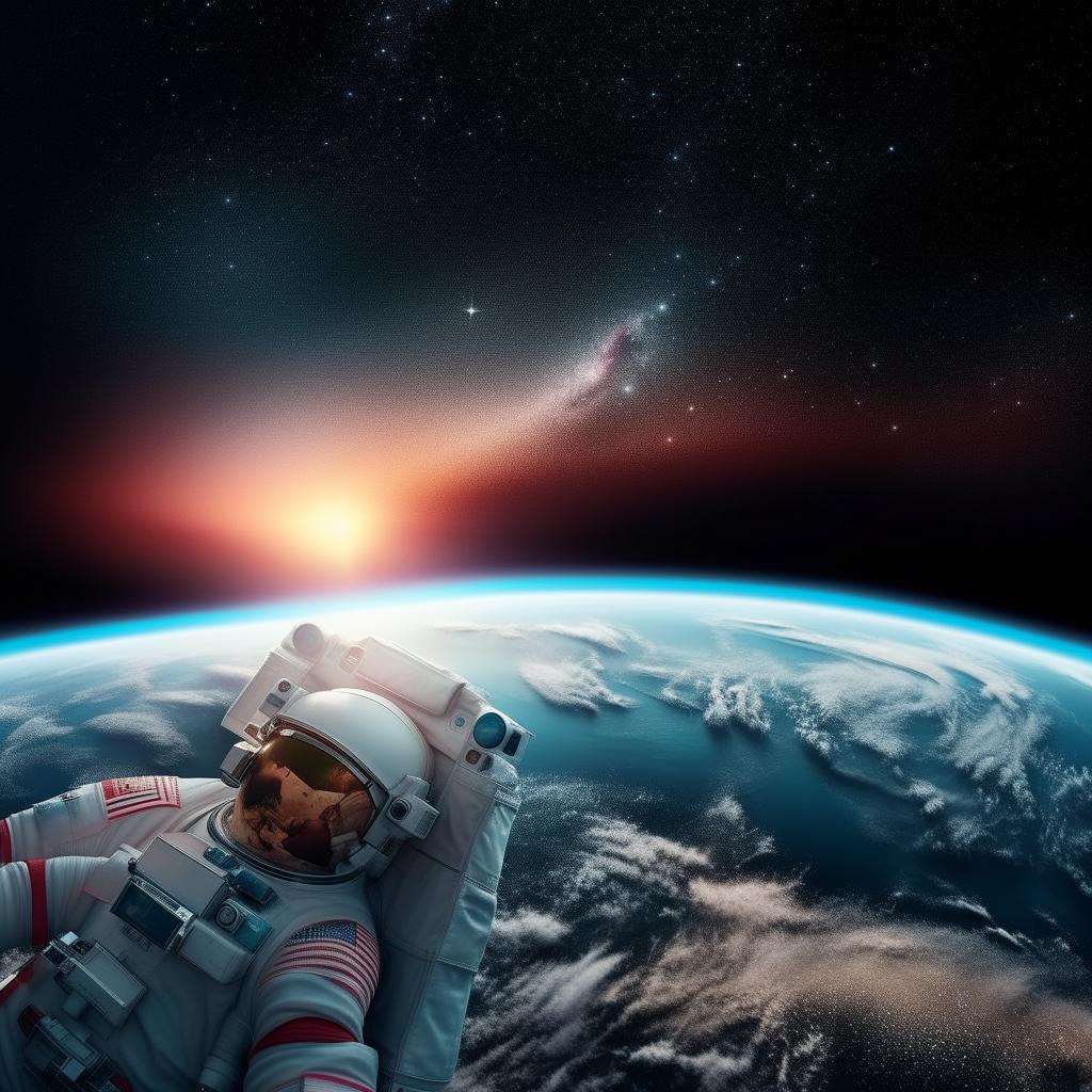 An astronaut floating in space, with the turquoise earth in the backdrop, adorned by a surreal sunset