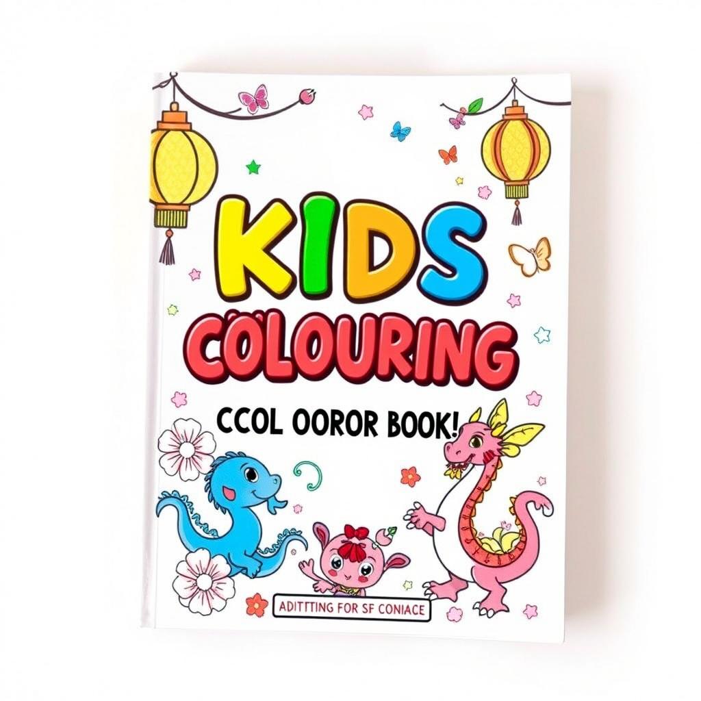 A whimsical and vibrant book cover design for a kids' coloring book, themed around Eastern cultural elements