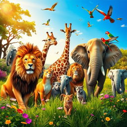 A diverse group of animals gathered in a lush green meadow, featuring a majestic lion, a graceful giraffe, a playful elephant, and colorful parrots flying overhead