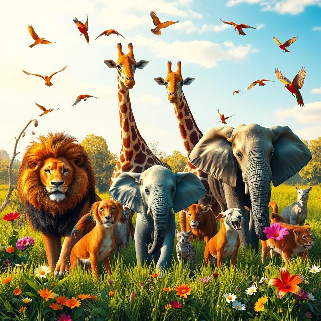 A diverse group of animals gathered in a lush green meadow, featuring a majestic lion, a graceful giraffe, a playful elephant, and colorful parrots flying overhead